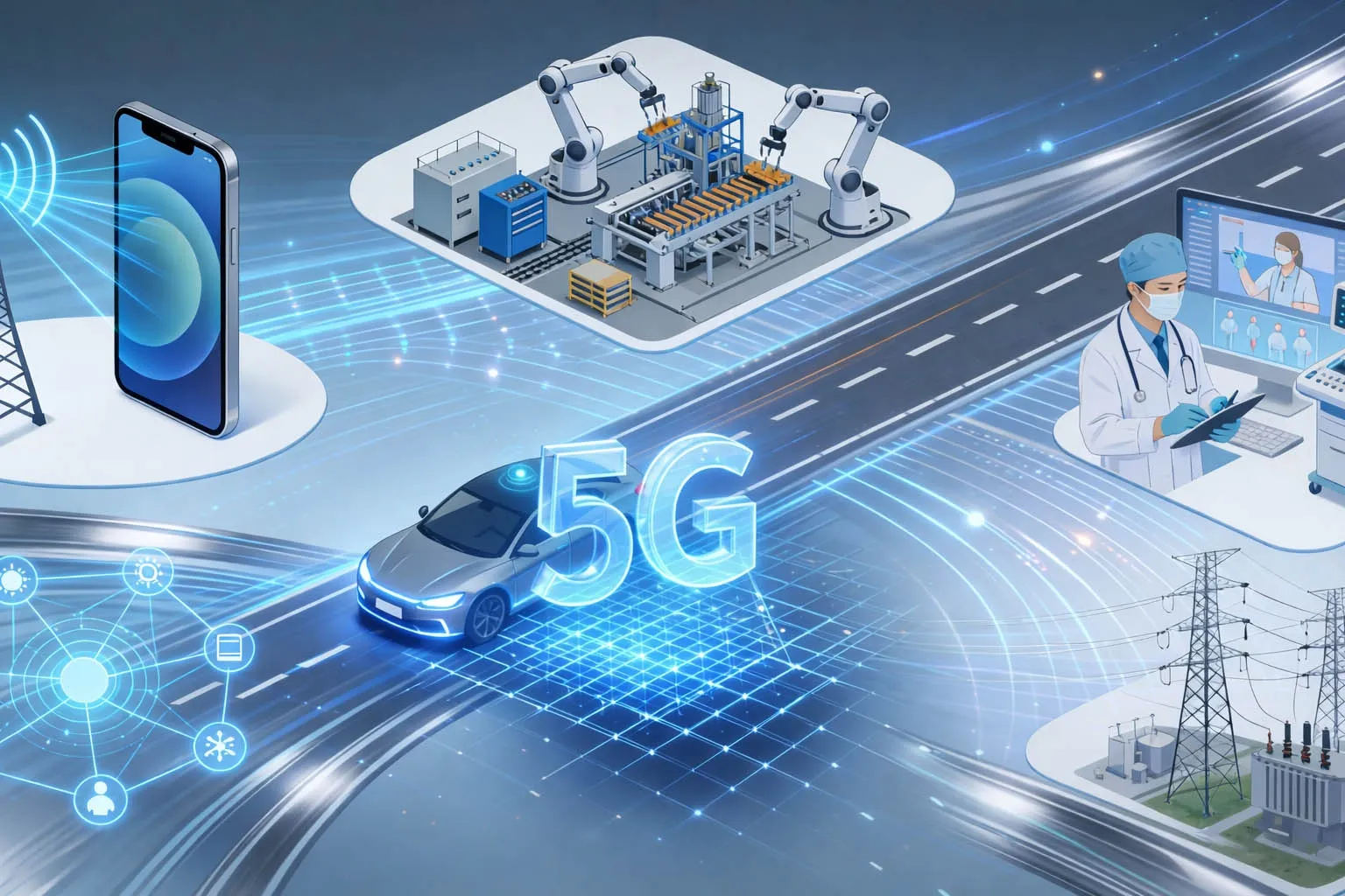 5G применяется в мобильном широкополосном доступе, умной промышленности, транспорте, здравоохранении, коммунальном хозяйстве и крупномасштабных средах IoT, где покрытие, мобильность, ёмкость и низкая задержка должны работать вместе.