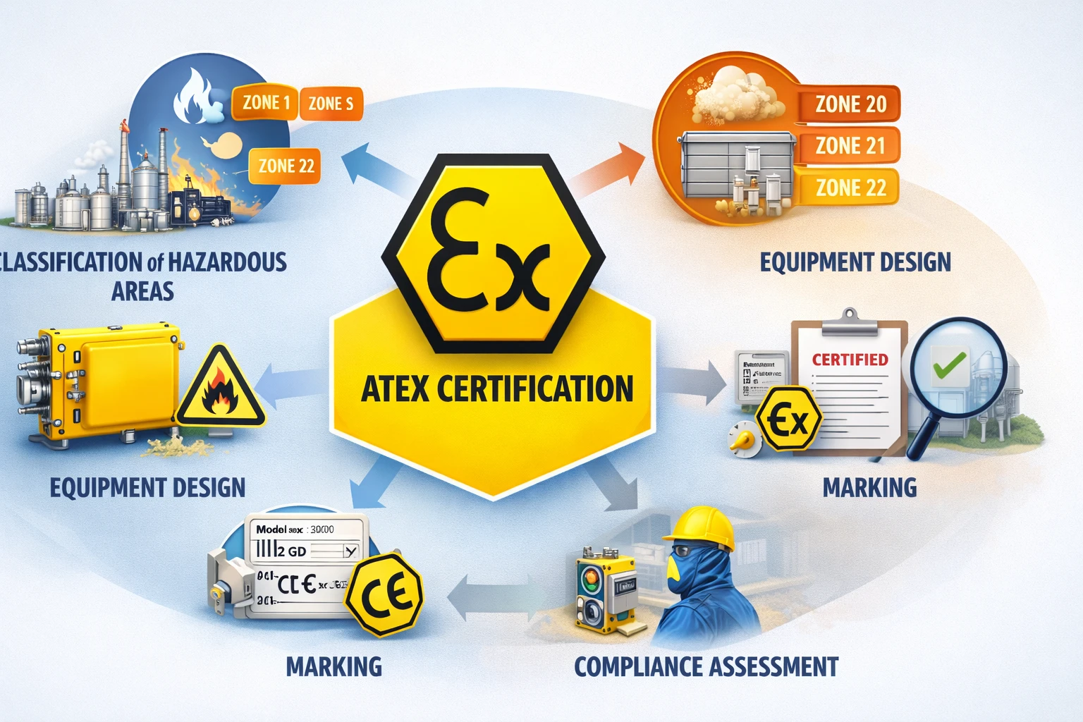 Композитная сцена с оборудованием, сертифицированным по ATEX, используемым в нефтехимической переработке, транспортировке зерна, производстве фармацевтических порошков и на объектах по работе с водородом или материалами для аккумуляторов