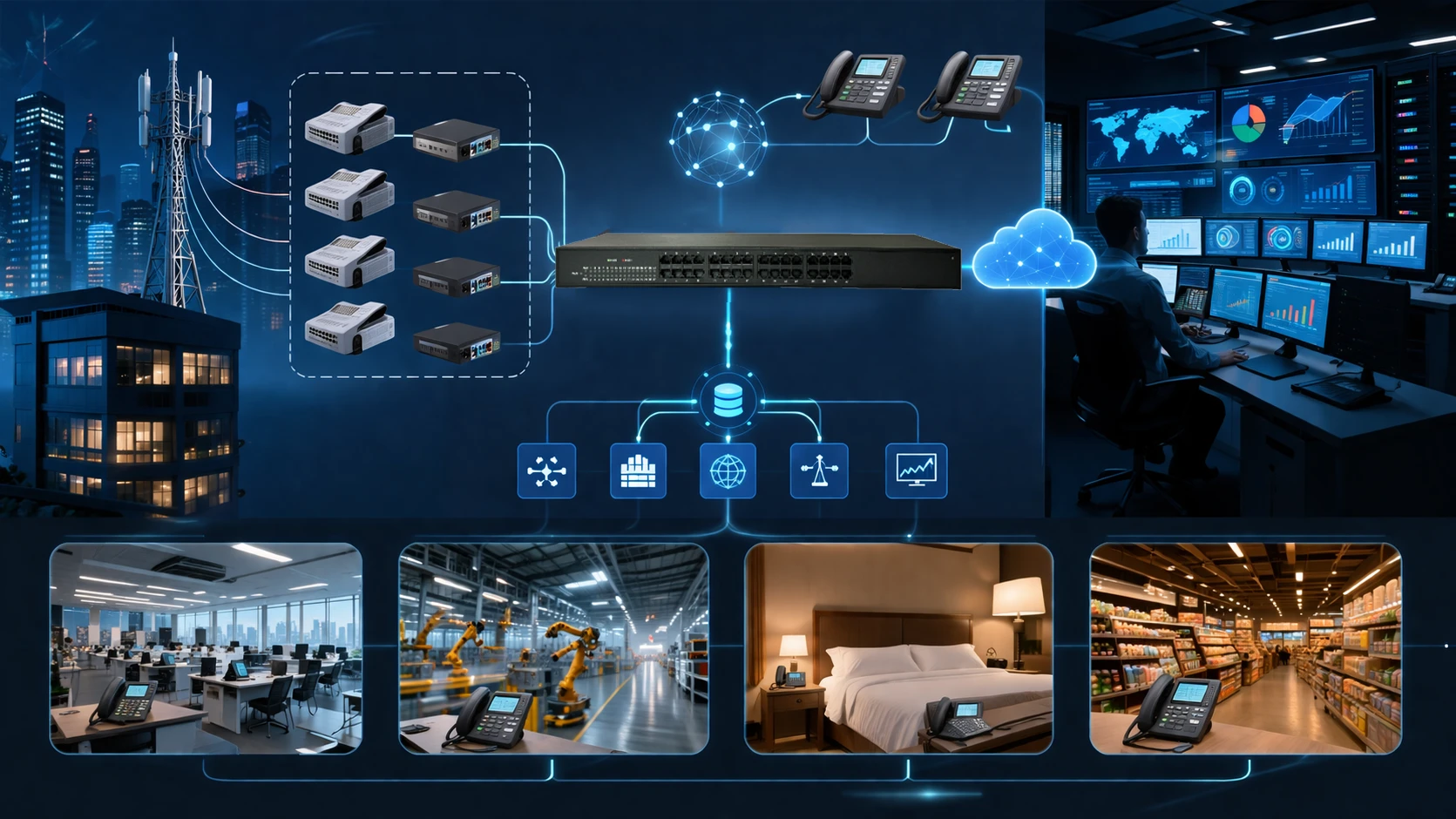 Шлюз FXO в стойковом исполнении с несколькими аналоговыми портами, Ethernet-подключением и панелью управления для гибридной голосовой развертки