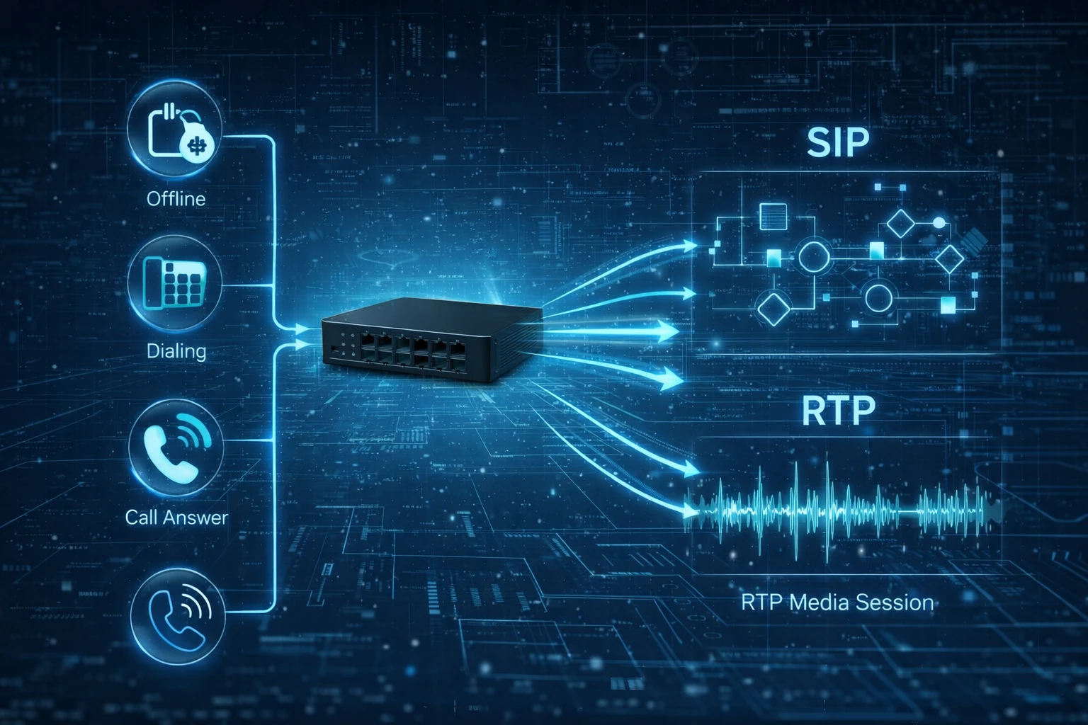 Схема вызова: FXS-шлюз преобразует действия аналогового телефона в SIP и RTP