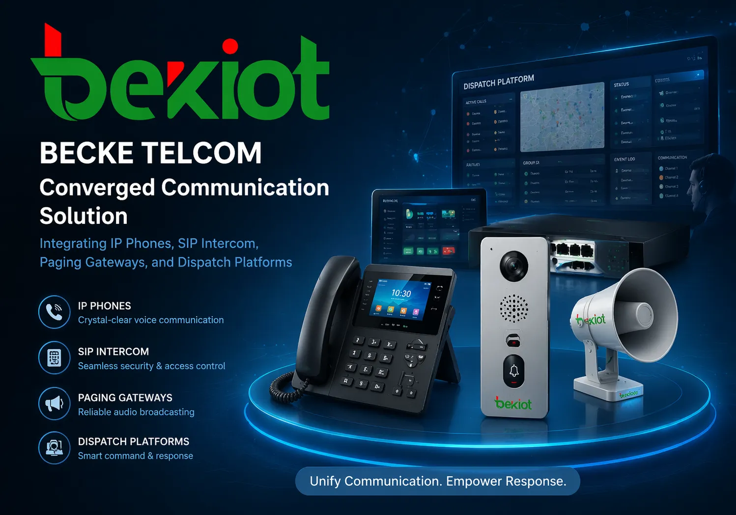 Конвергентное коммуникационное решение Becke Telcom, интегрирующее IP-телефоны, SIP-интерком, пейджинговые шлюзы и диспетчерские платформы