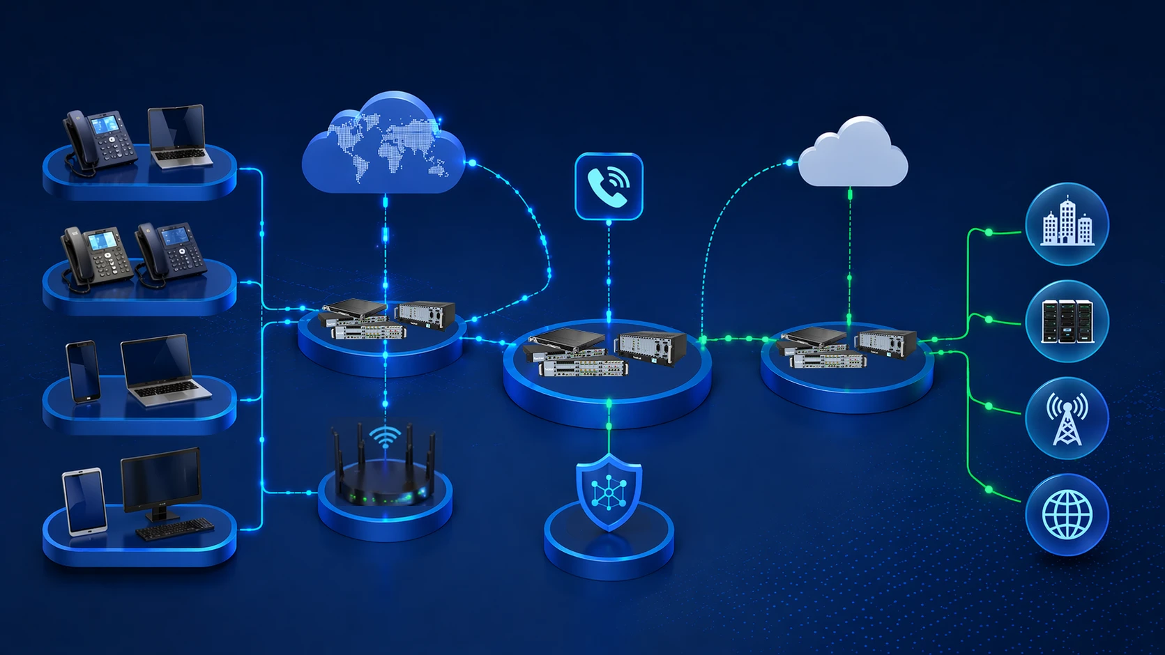 Архитектура корпоративной системы IP PBX с подключением настольных телефонов, мобильных устройств, ноутбуков, сетевых шлюзов, облачной телефонии, средств безопасности и коммуникационных терминалов