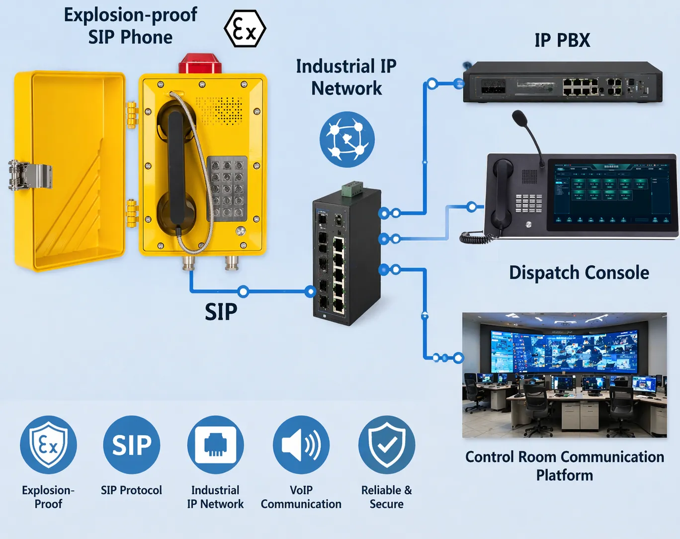 Взрывозащищенный SIP-телефон, подключенный к промышленной IP-сети, IP-АТС, диспетчерскому пульту и коммуникационной платформе диспетчерской