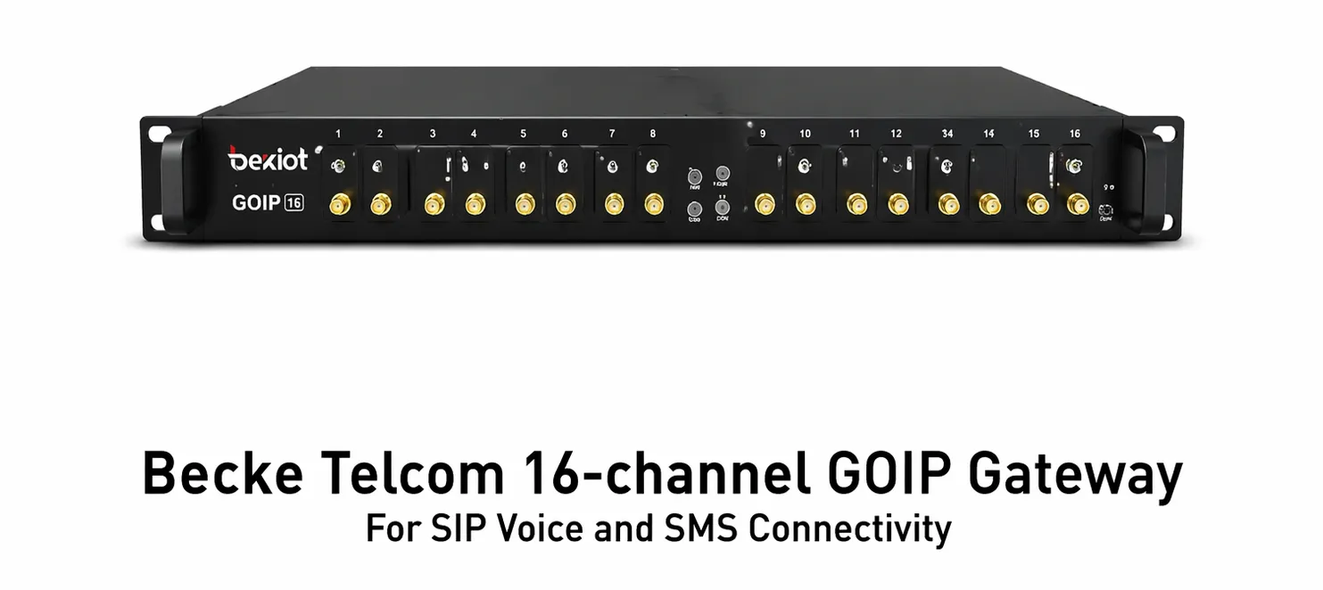Шестнадцатиканальный шлюз GOIP Becke Telcom для мобильного голосового доступа, межсетевого взаимодействия по протоколу SIP и корпоративных процессов обмена сообщениями