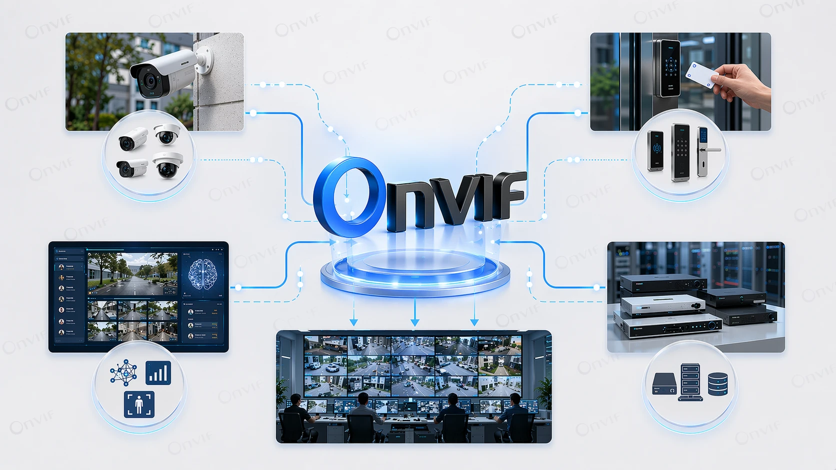 Интеграция ONVIF активно используется для объединения видео, контроля доступа, аналитики и унифицированных платформ мониторинга в межвендорных средах