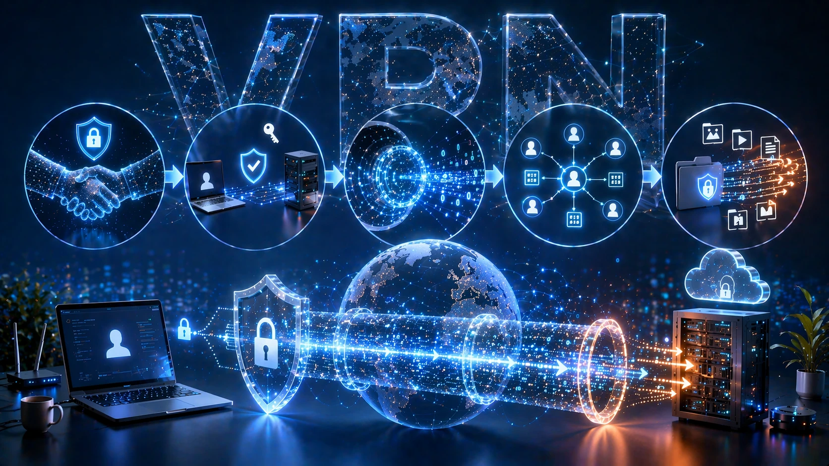 Иллюстрация этапов подключения OpenVPN: TLS-рукопожатие, аутентификация, создание туннеля, назначение виртуальных интерфейсов и маршрутизация трафика через VPN