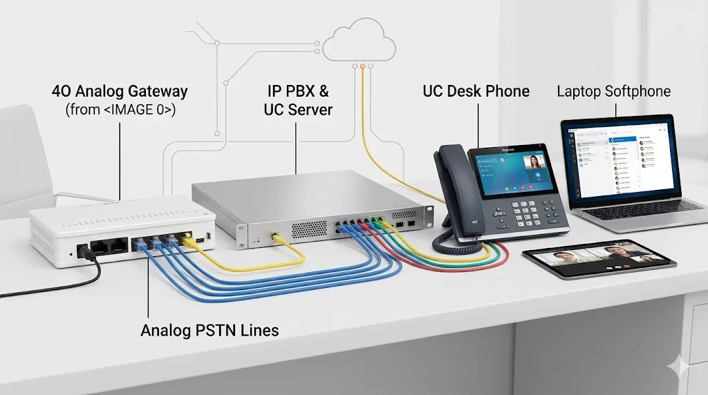 Аналоговый шлюз 4O, подключенный к IP PBX и платформе унифицированных коммуникаций