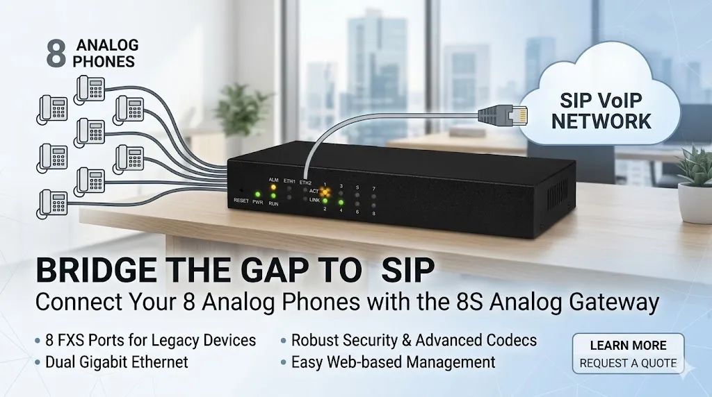 Вид спереди аналогового шлюза 8S для интеграции аналоговых телефонов и SIP-сетей