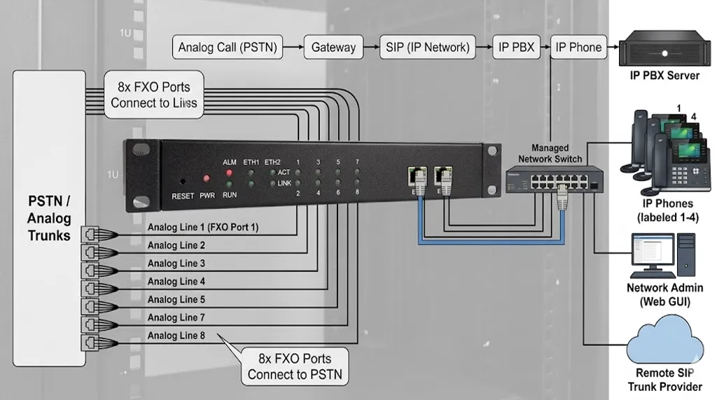 Вид спереди FXO-шлюза IPGA-80 для интеграции аналоговых магистральных линий и сети SIP
