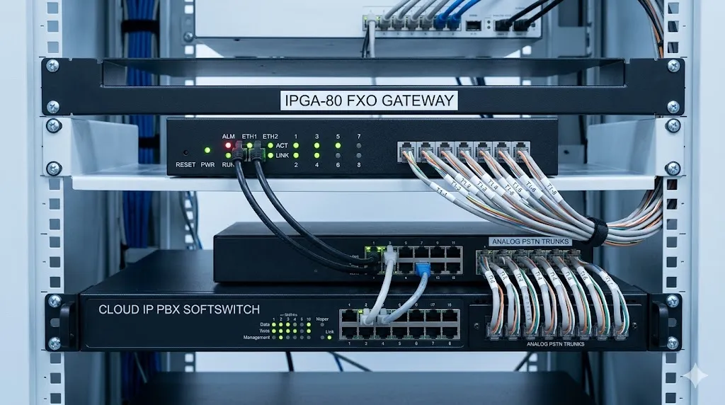 FXO-шлюз IPGA-80, подключенный к IP-АТС, программному коммутатору и аналоговым магистральным линиям