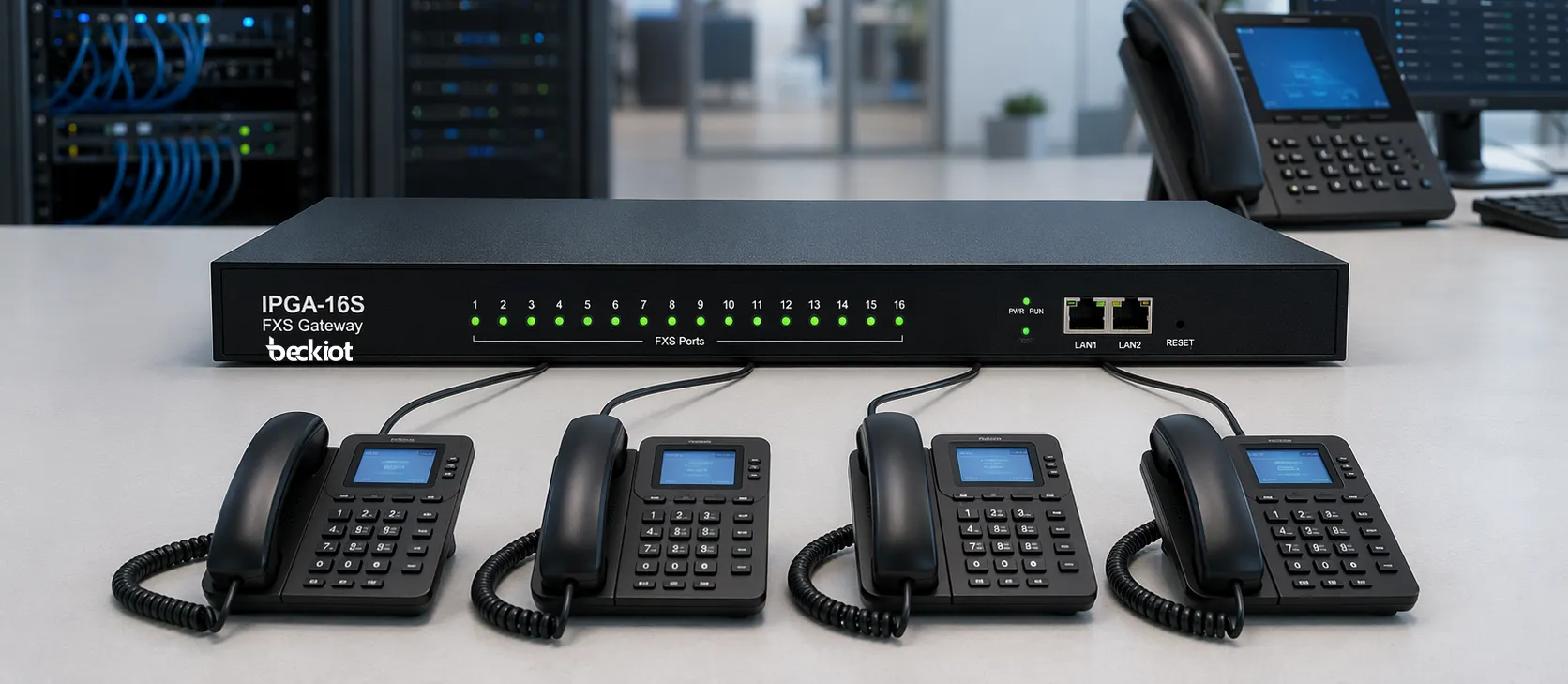 Шлюз IPGA-16S FXS, подключенный к аналоговым телефонам и платформе IP-АТС