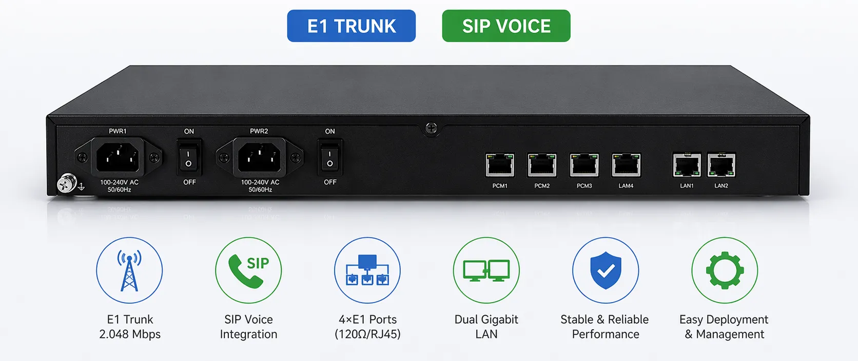 Вид спереди транкового шлюза IPGA-1E1 для интеграции E1-транков и SIP-голосовых сетей
