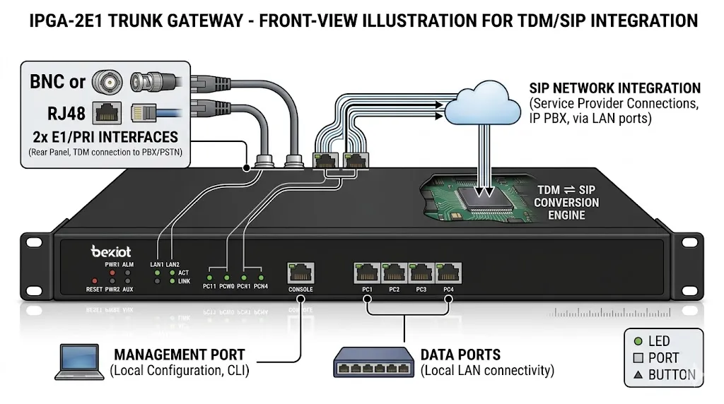 Вид спереди транкового шлюза IPGA-2E1 для интеграции 2E1-транков и SIP-сетей