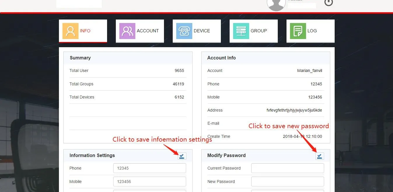Account Info and Password Modification Interface