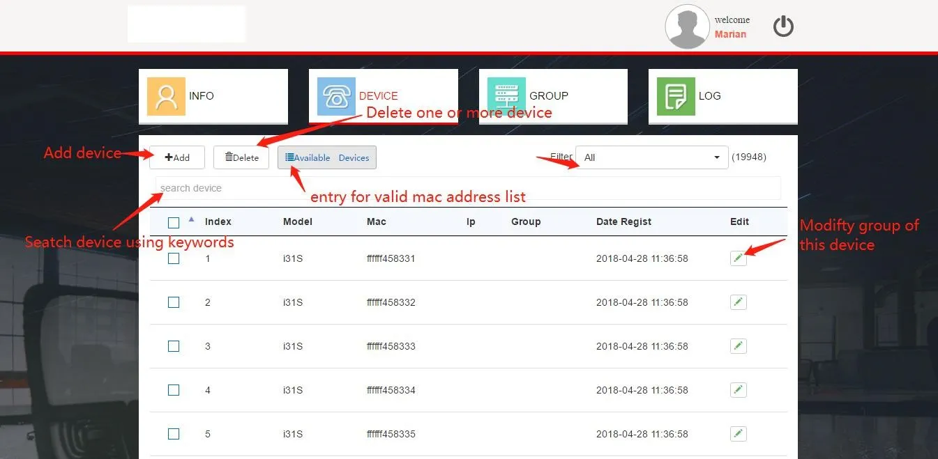 Customer Device List Interface