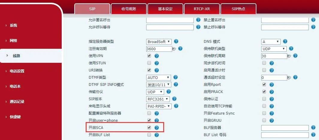 Интерфейс включения функции SCA на телефоне