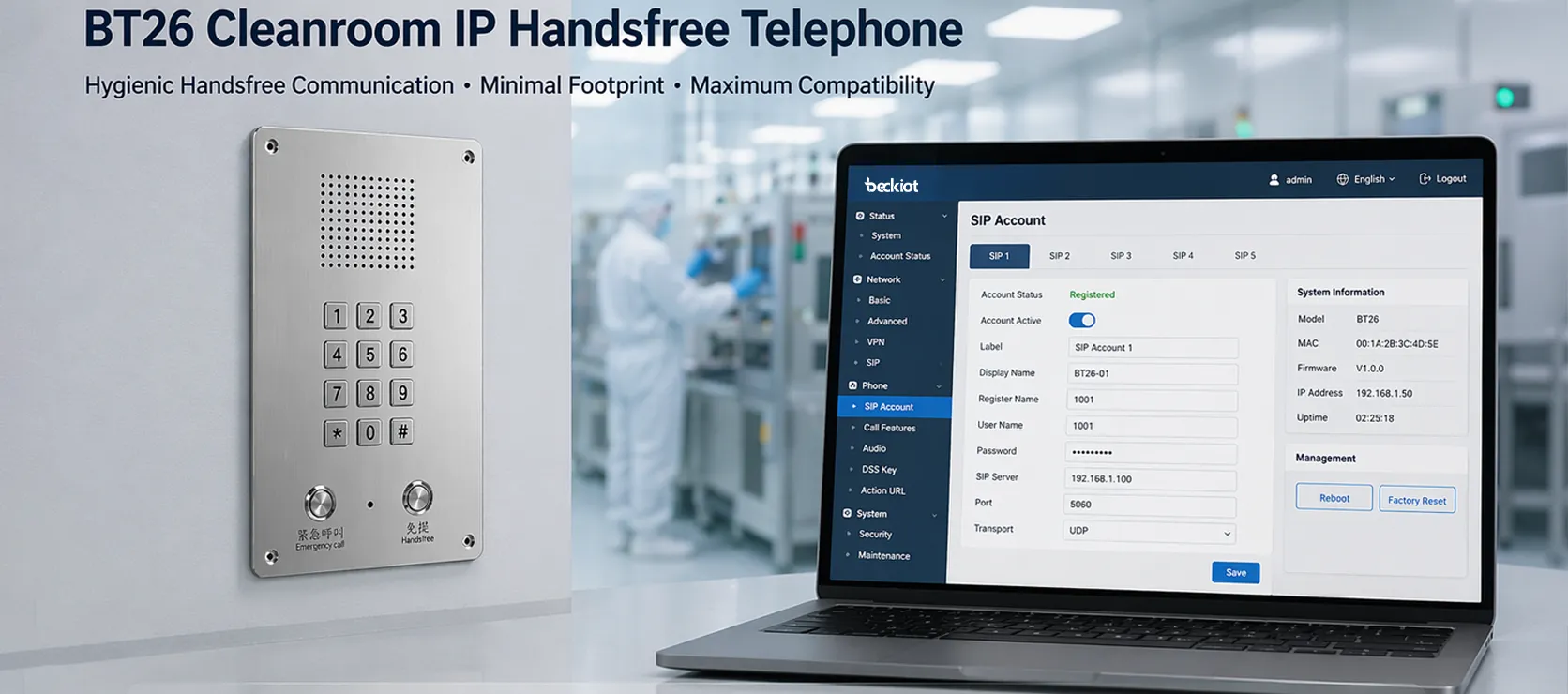 Безручной IP-телефон BT26 для чистых помещений с веб-конфигурацией SIP и интерфейсом удаленного управления
