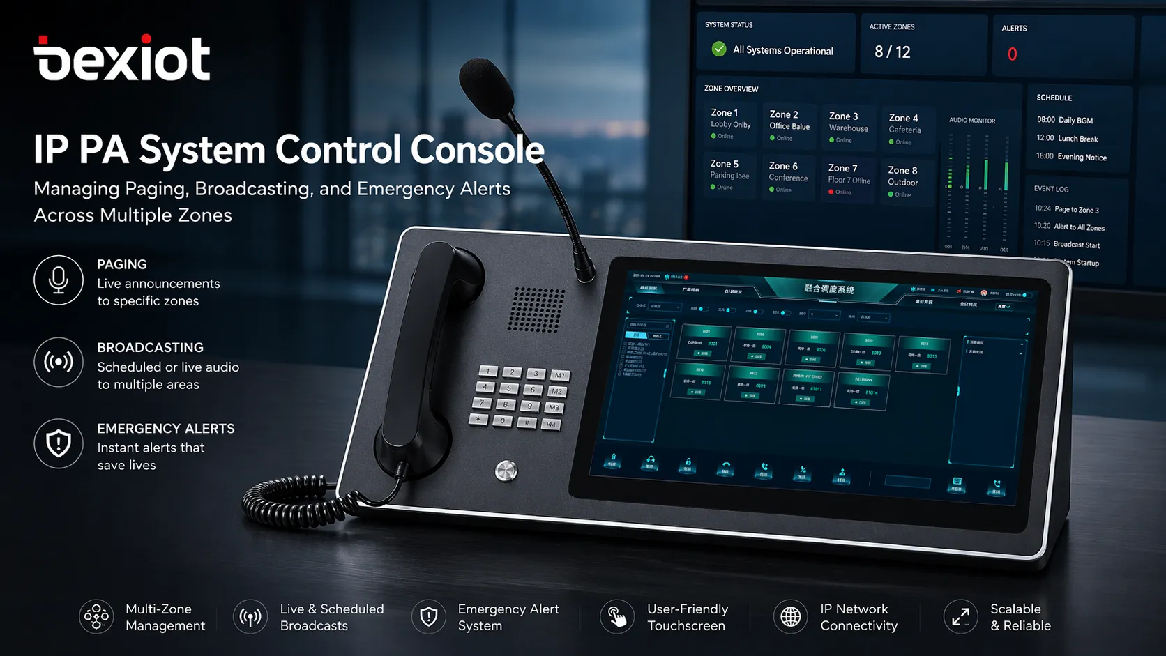 Пульт управления системой IP громкоговорной связи для оповещения, трансляции и экстренных предупреждений по нескольким зонам