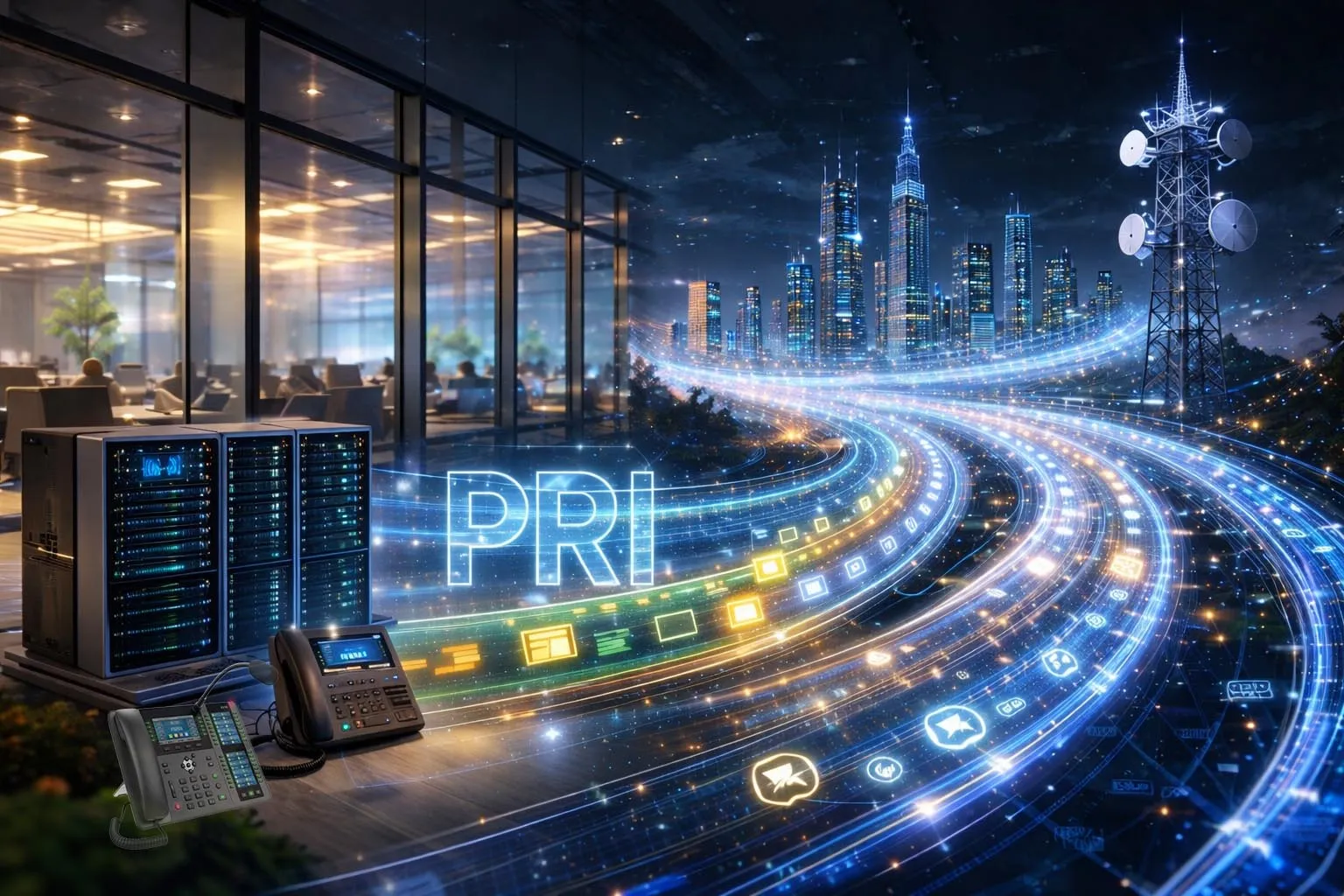 Primary Rate Interface подключает корпоративную PBX к сети оператора через цифровой транк с несколькими голосовыми каналами и выделенным каналом сигнализации