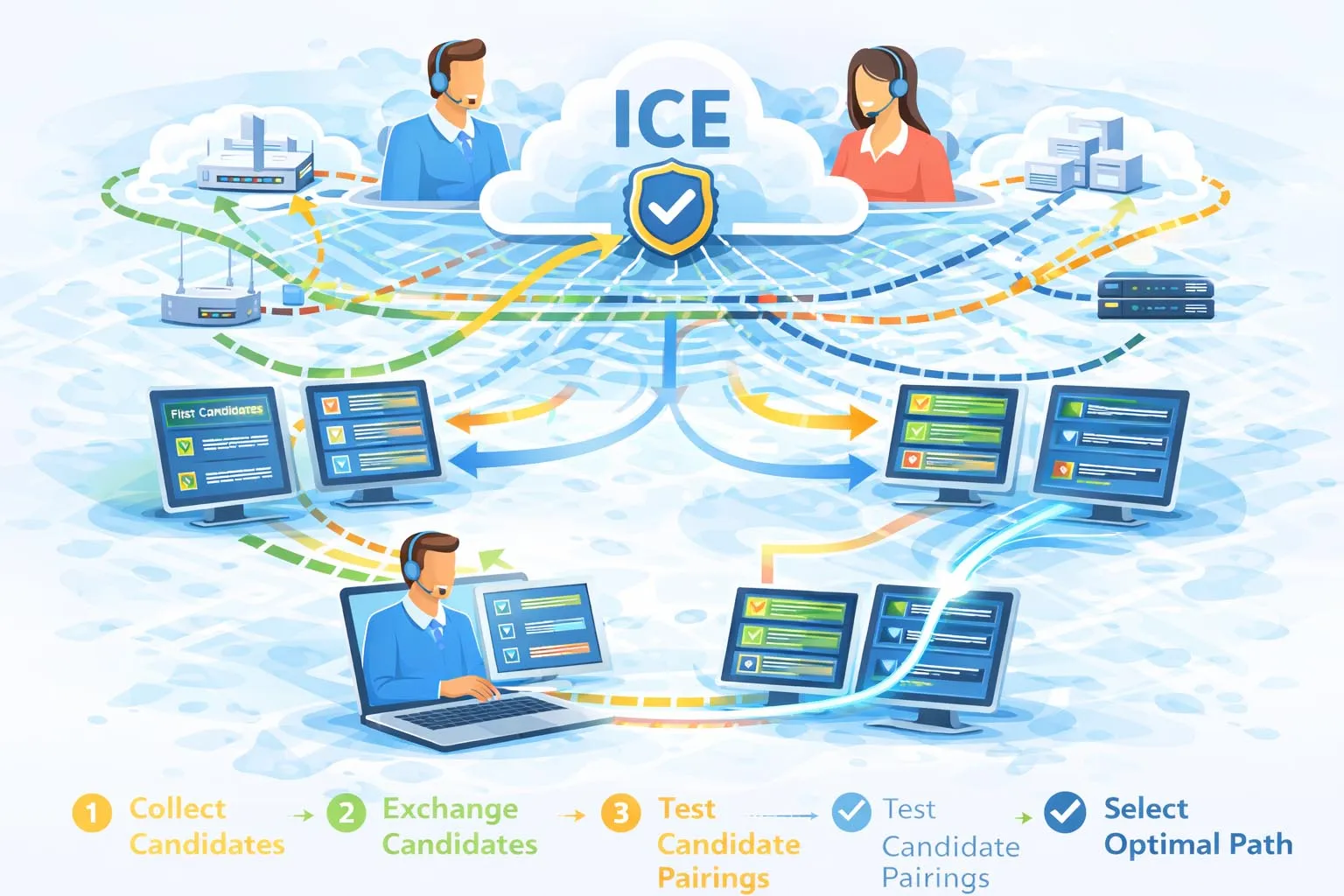 Сбор кандидатов ICE, обмен, проверки связности и номинация между host-, server reflexive- и relay-кандидатами