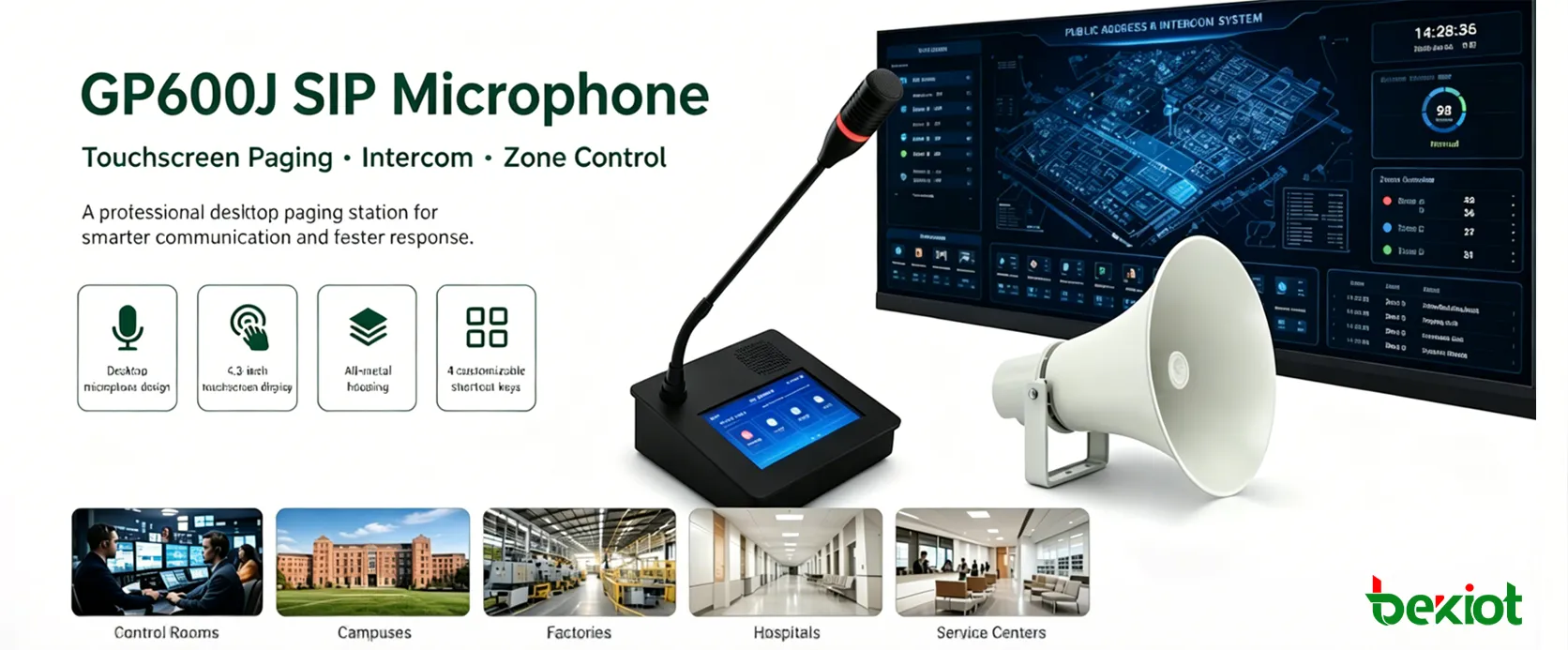 SIP-микрофон GP600J, используемый в командном центре для сенсорных оповещений и работы переговорной связи