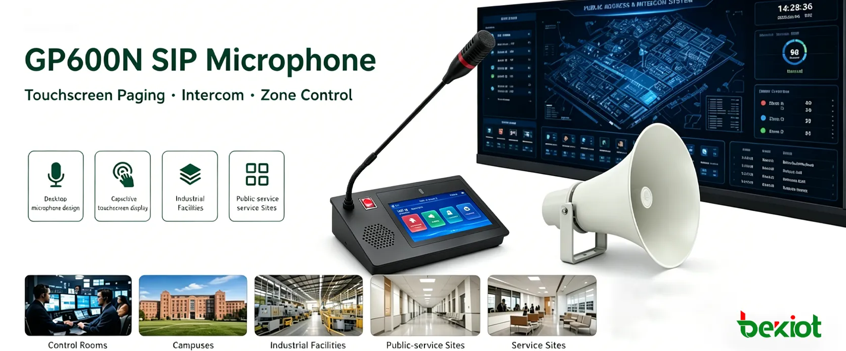 SIP-микрофон GP600N, используемый в диспетчерском центре для сенсорного управления оповещениями и экстренной трансляцией