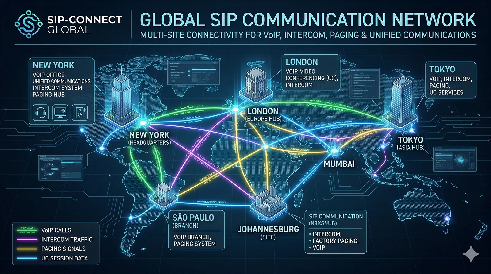 Глобальная коммуникационная сеть SIP с многоузловым подключением для VoIP, переговорных систем, громкоговорящего оповещения и унифицированных коммуникаций