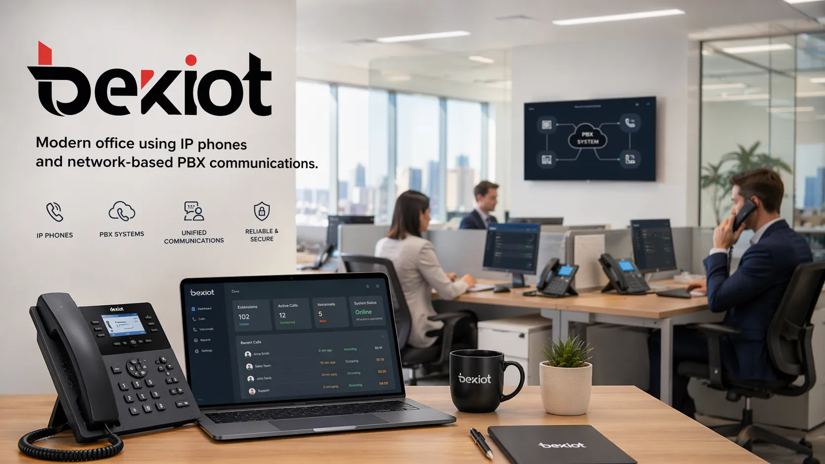 Modern office using IP phones and network-based PBX communications