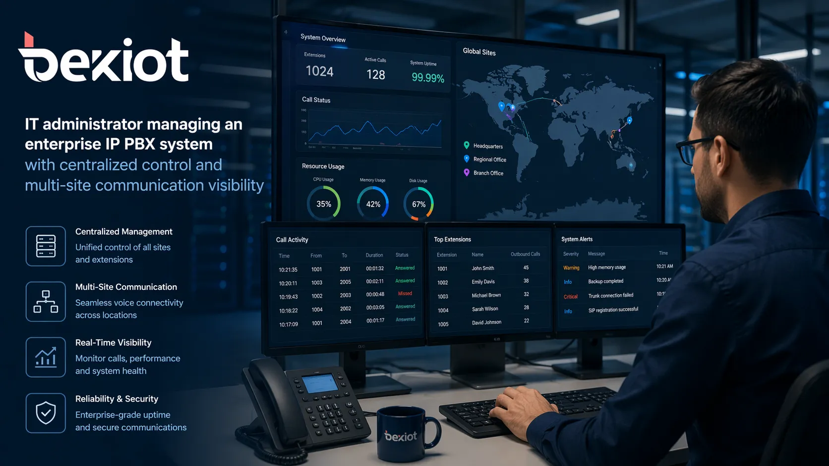 IT administrator managing an enterprise IP PBX system with centralized control and multi-site communication visibility