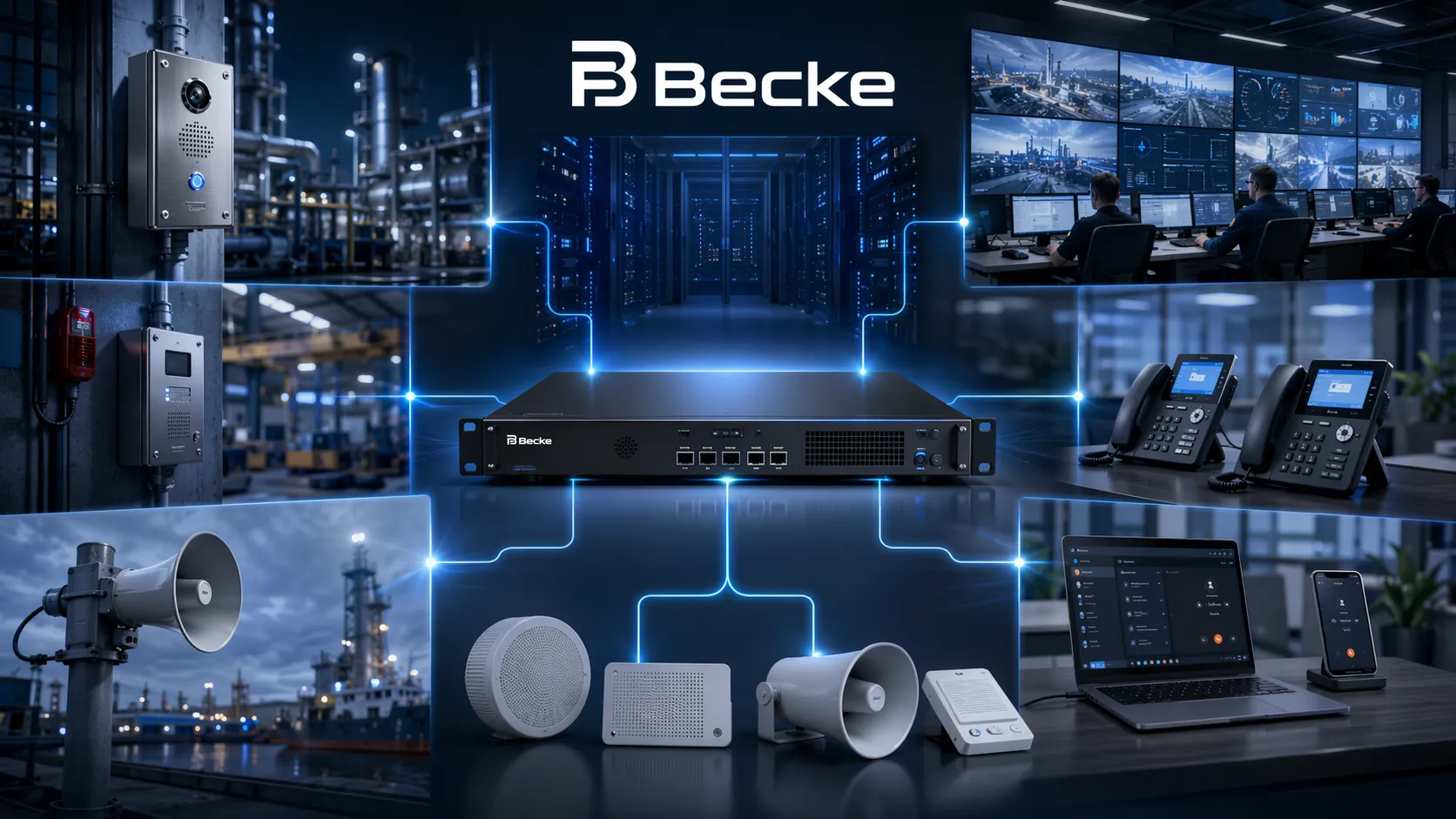 Промышленное ПО IP-АТС Becke, объединяющее офисные внутренние номера, SIP-интеркомы, оповестительные устройства и диспетчеров