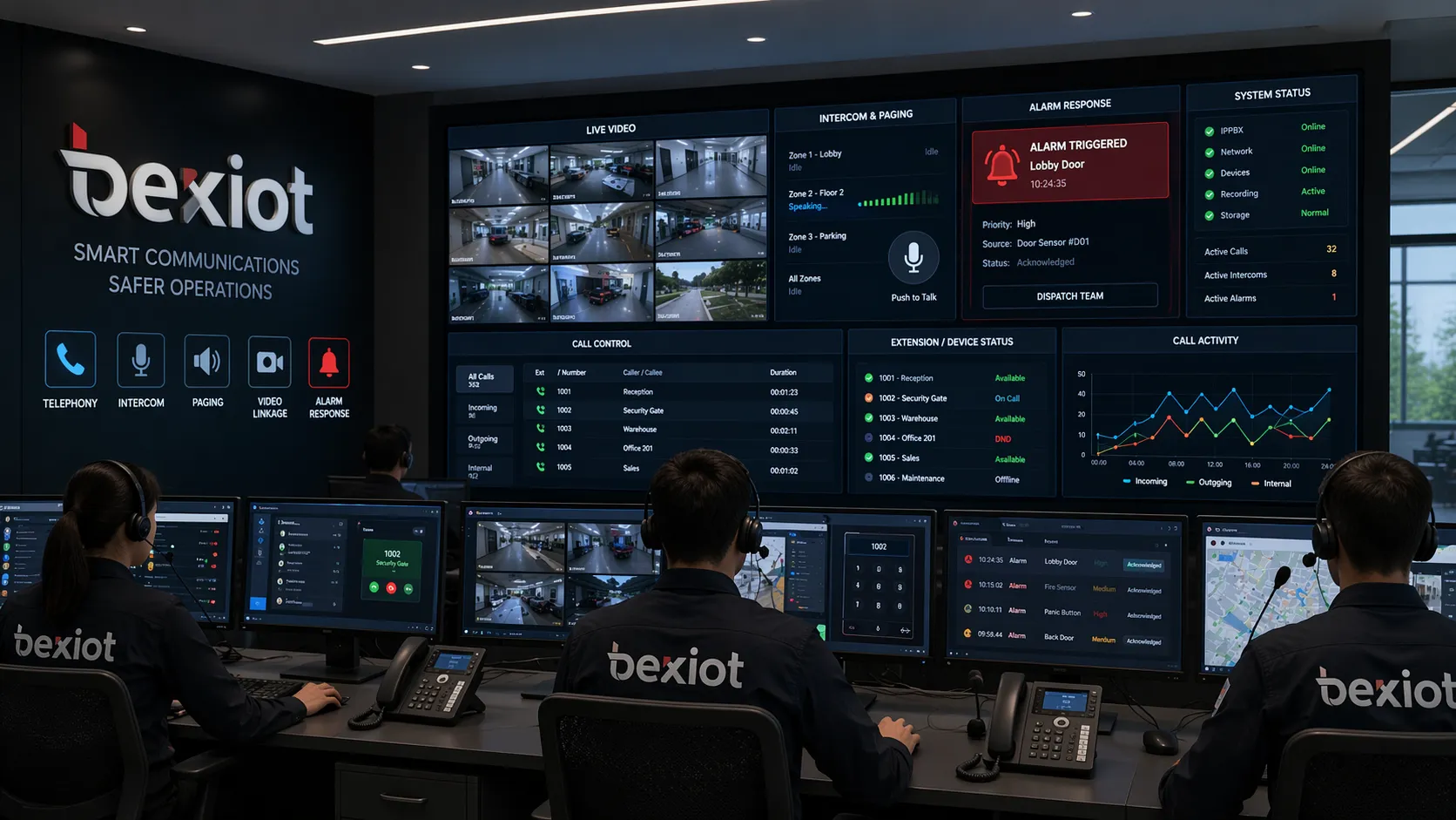 Диспетчерский пункт с ПО IP-АТС Becke для телефонии, интеркома, громкоговорящего оповещения, видеосопряжения и реагирования на тревоги
