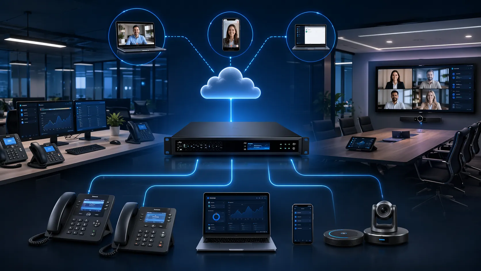 Встроенная IP PBX Grandstream поддерживает офисные телефоны, видеотерминалы и удаленных пользователей в бизнес-сети