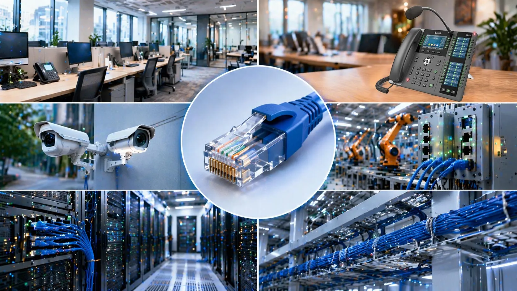 Кабель Ethernet с коннектором RJ45, подключенный к офисному сетевому оборудованию Кабель Ethernet с коннектором RJ45, подключенный к офисному сетевому оборудованию