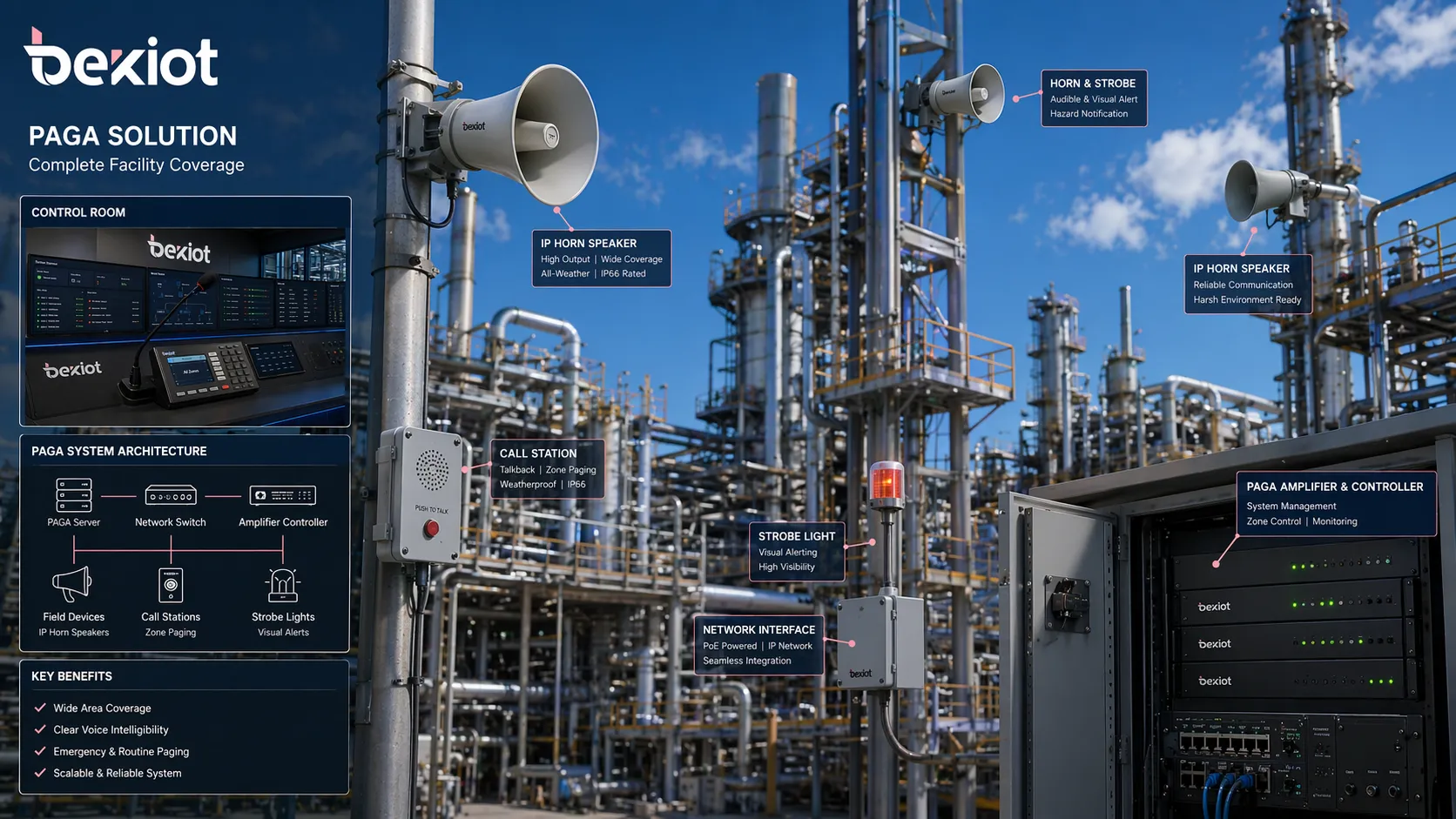 Industrial horn speakers and field communication devices deployed across a processing facility for PAGA coverage