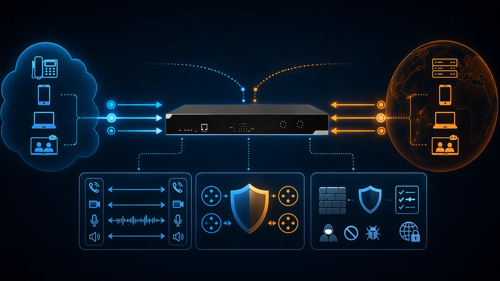 Session Border Controller обрабатывает SIP-сигнализацию и медиаданные между двумя IP-сетями, применяя функции безопасности, политики и межсетевого взаимодействия