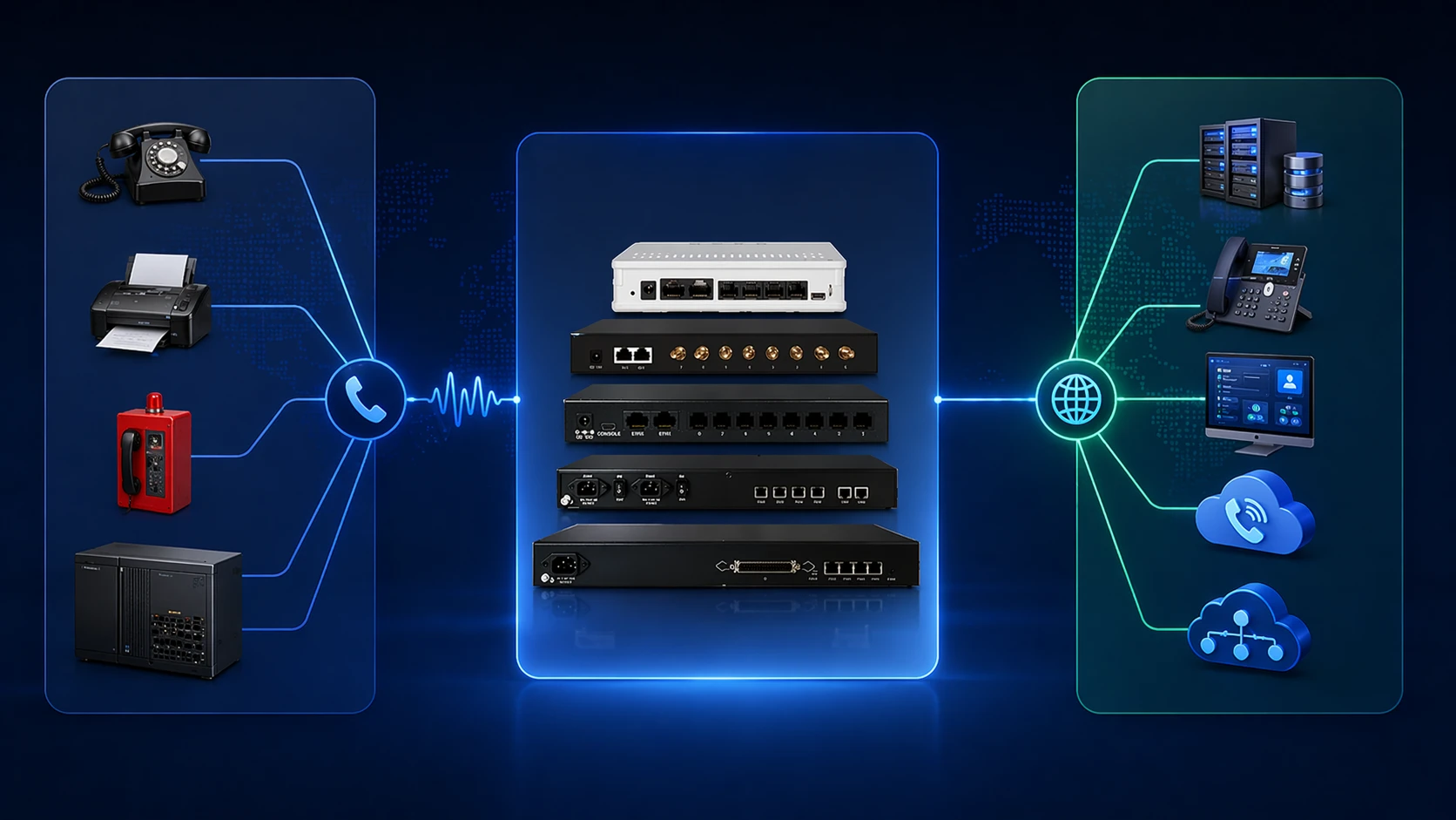 Архитектура сети VoIP-шлюза с аналоговыми конечными устройствами, PSTN или PBX-транками, слоем обработки шлюза, SIP-сервером и IP-сетью