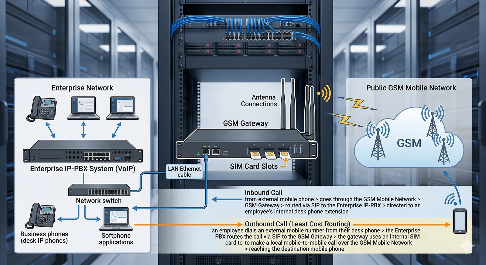GSM-шлюз соединяет корпоративную телефонную систему с мобильной сетью GSM в деловой среде голосовой связи