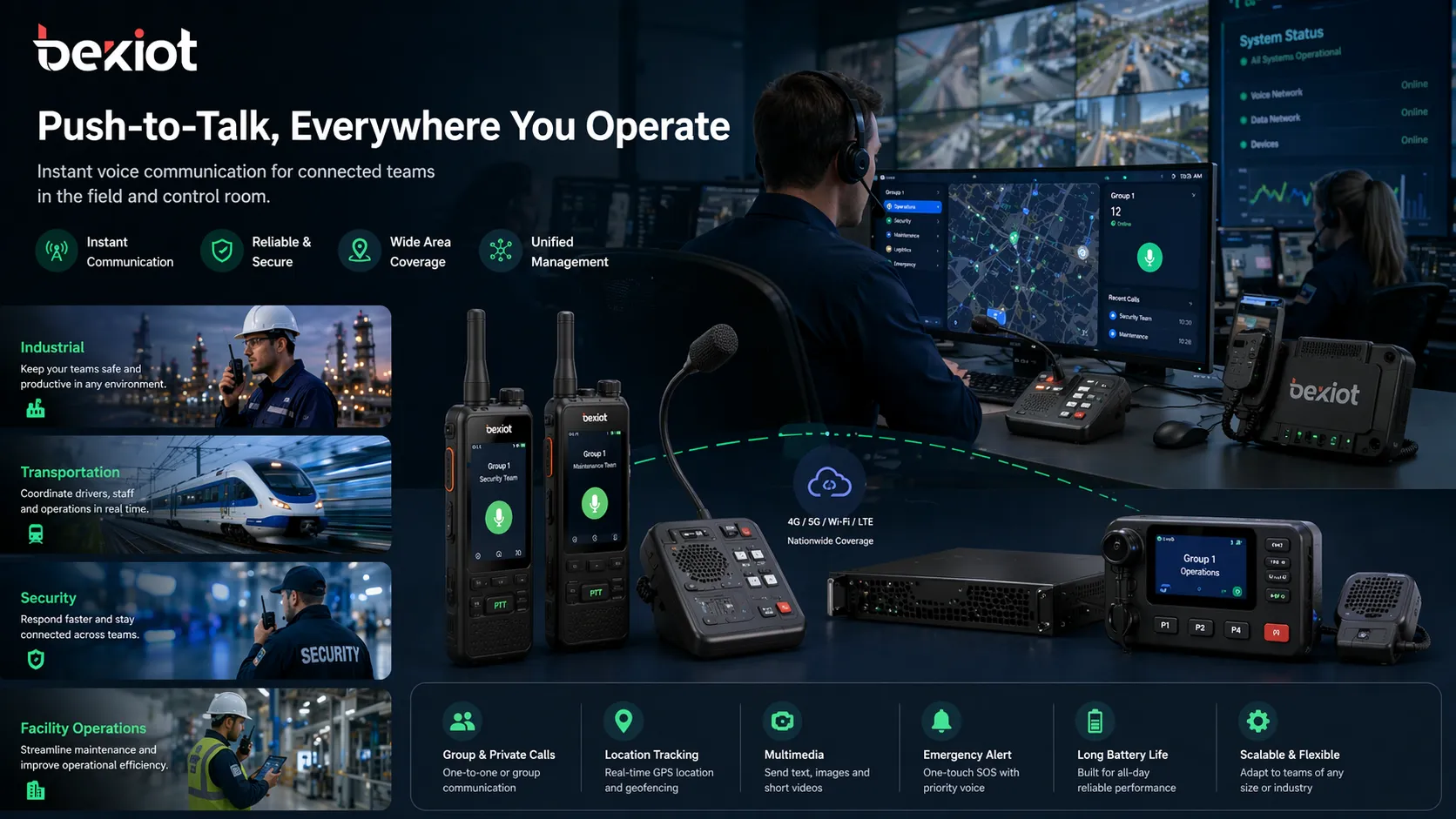 Push-to-Talk в промышленности, транспорте, безопасности и управлении объектами с подключёнными полевыми командами и диспетчерским персоналом