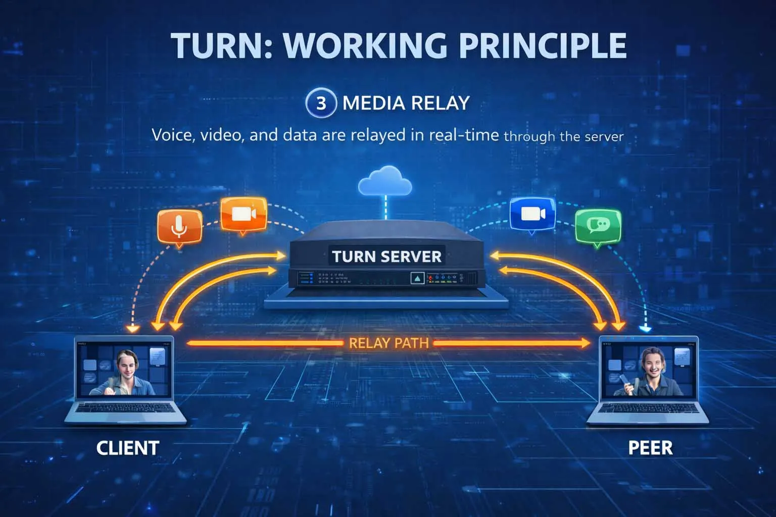 Ретрансляция голоса, видео и данных через TURN в различных сценариях