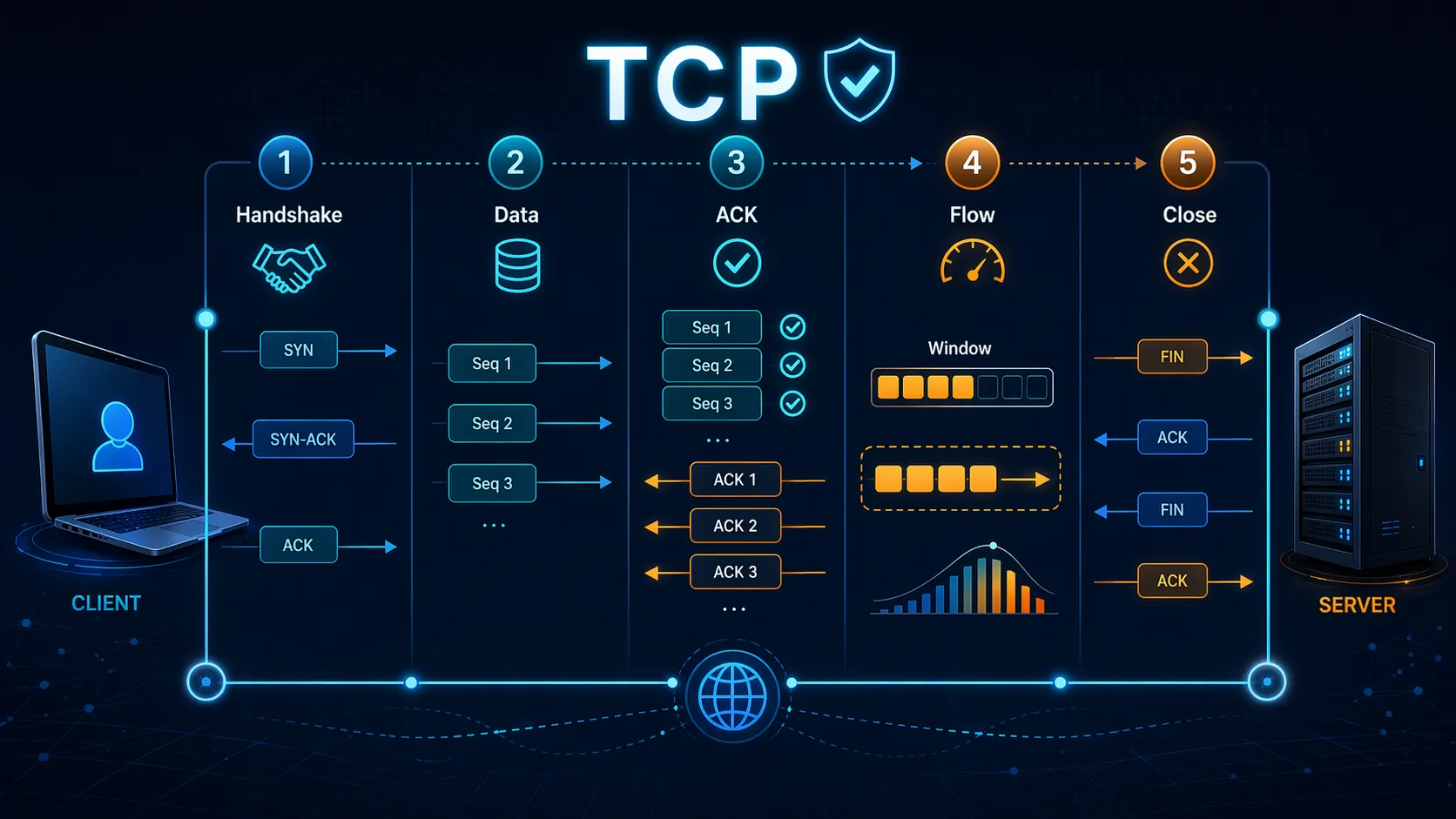 Иллюстрация TCP-рукопожатия с последующей упорядоченной доставкой сегментов и обменом подтверждениями