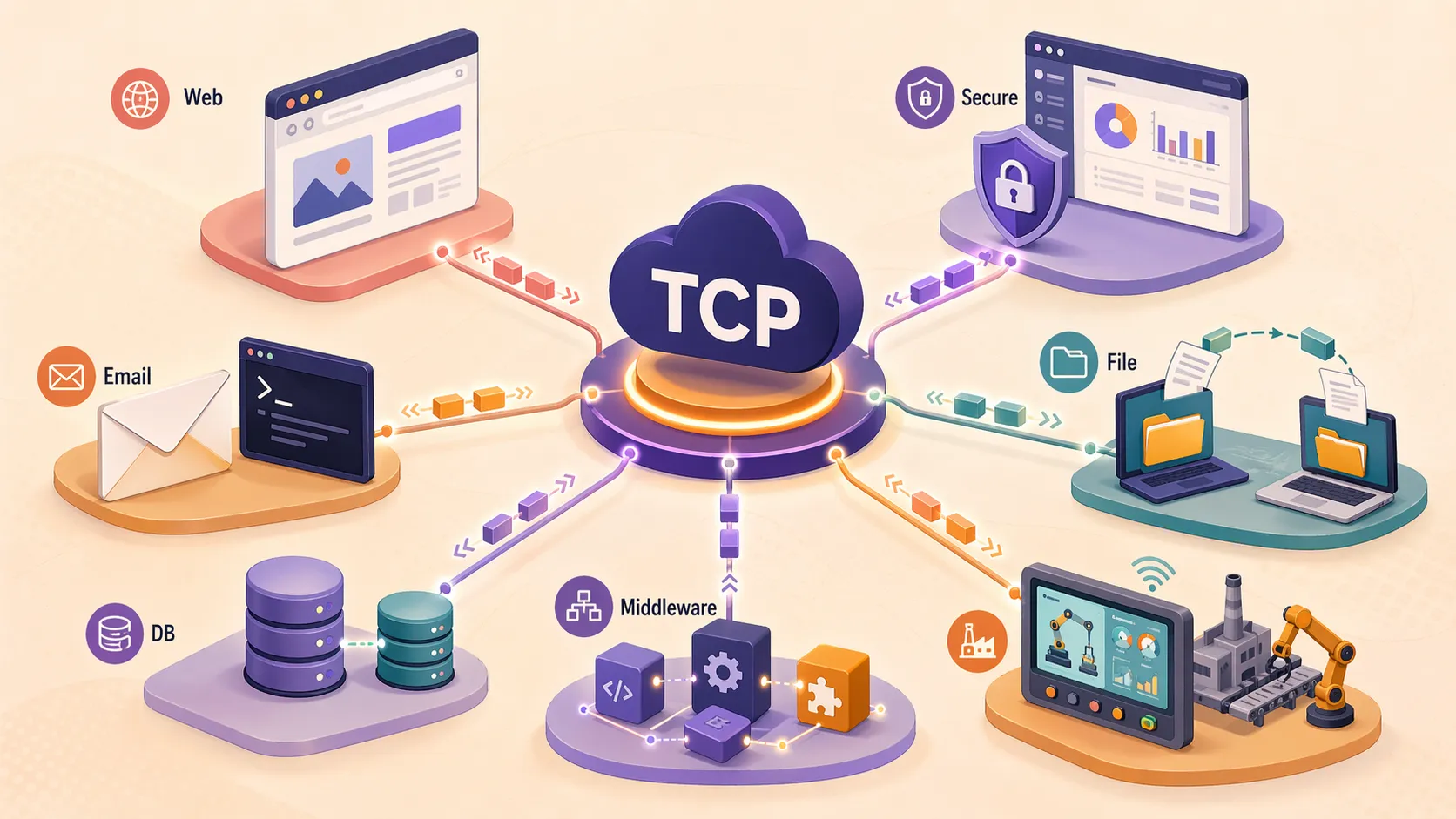 Корпоративные и промышленные приложения, использующие TCP для веб-доступа, передачи файлов, баз данных и серверной связи