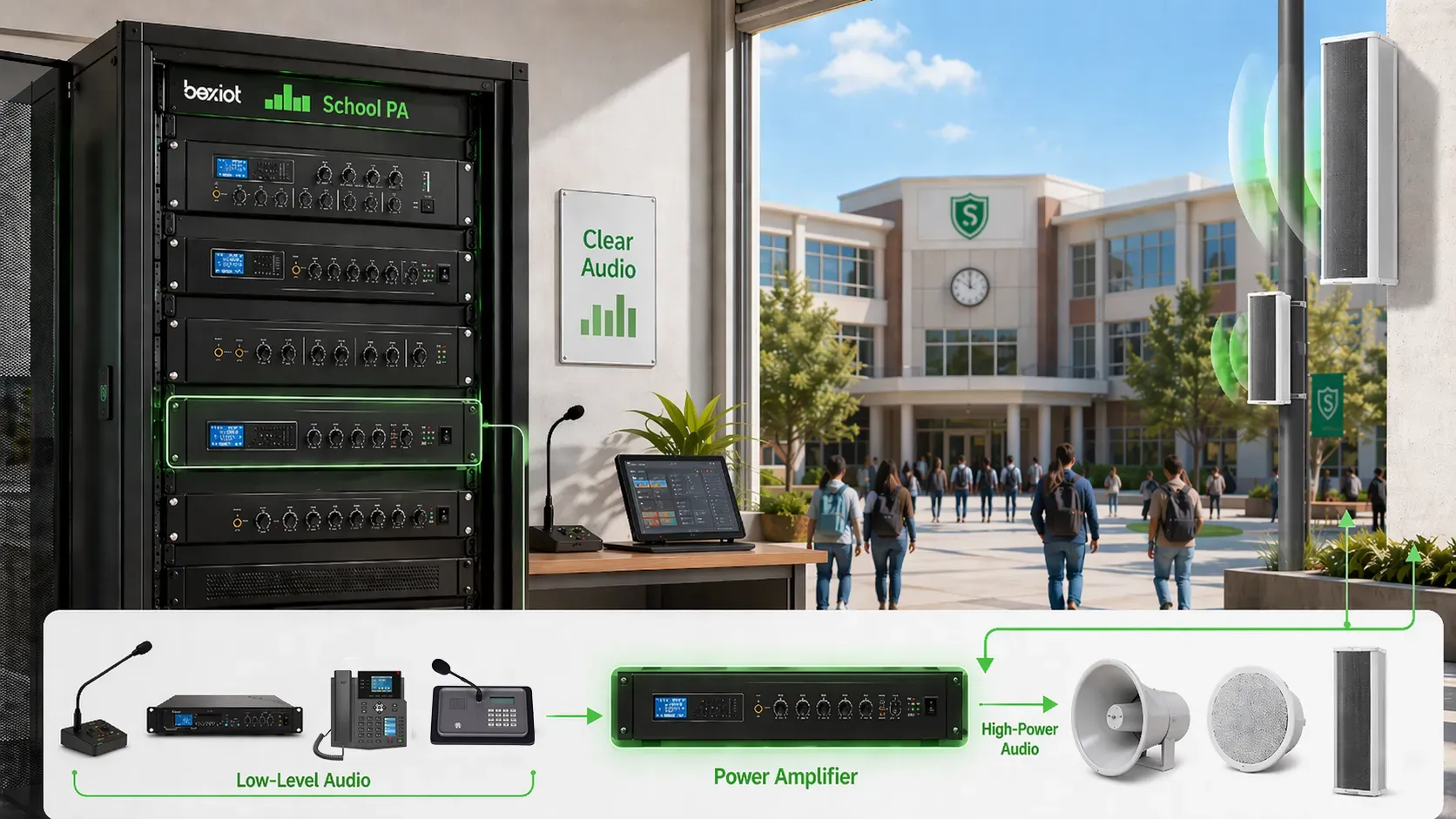 Усилитель мощности в стойке, установленный в профессиональной аппаратной для оповещения и управления аудио