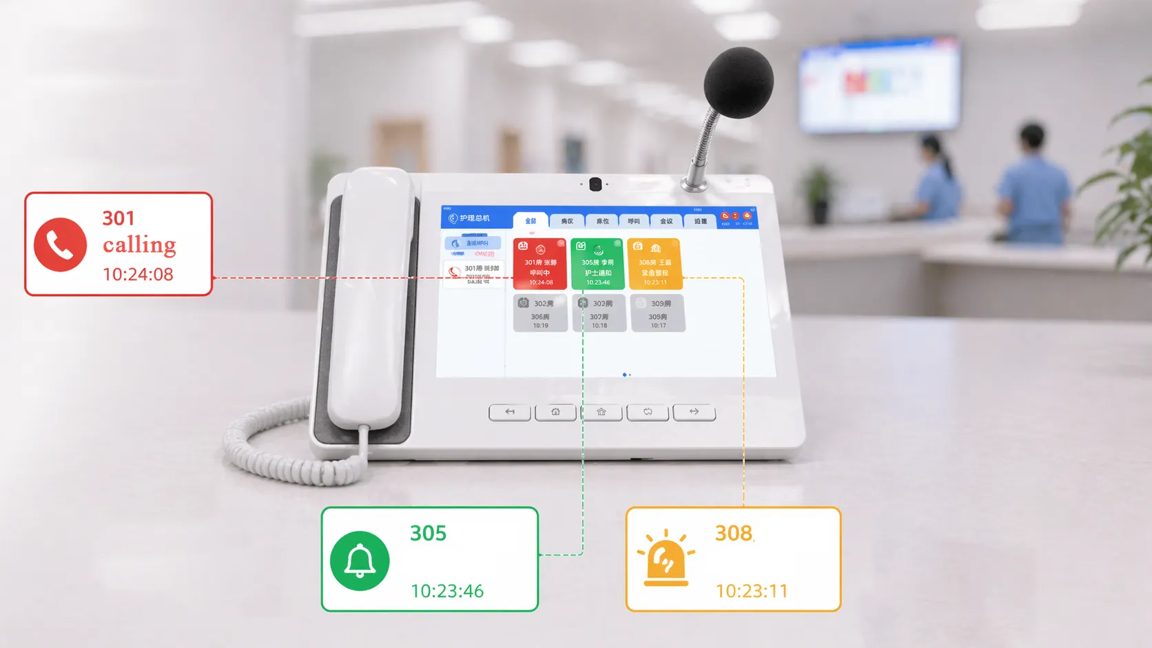Пост медсестры, принимающий вызовы из палат и экстренные оповещения через коммуникационную платформу больницы