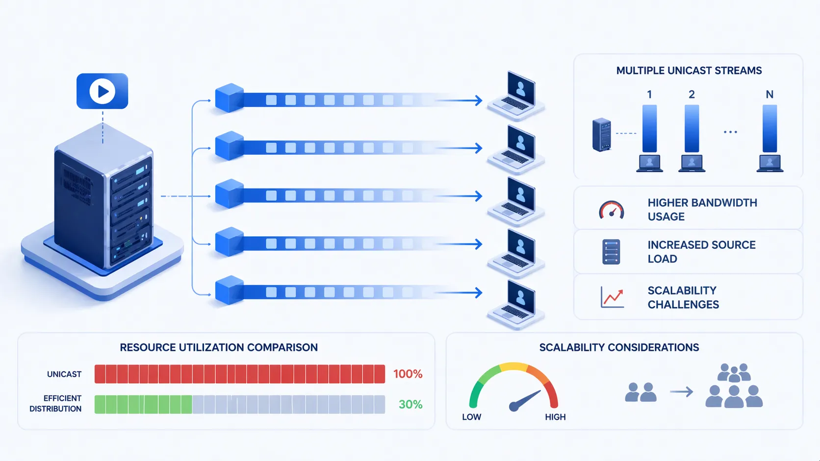 Масштабирование юникаста: один источник формирует множество отдельных потоков для большого числа получателей