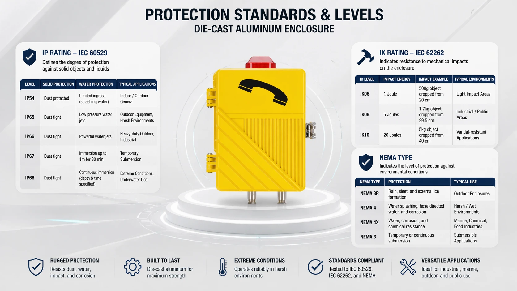 Литой алюминиевый корпус с характеристиками пылевлагозащиты IP, ударопрочности IK и соответствия стандартам NEMA