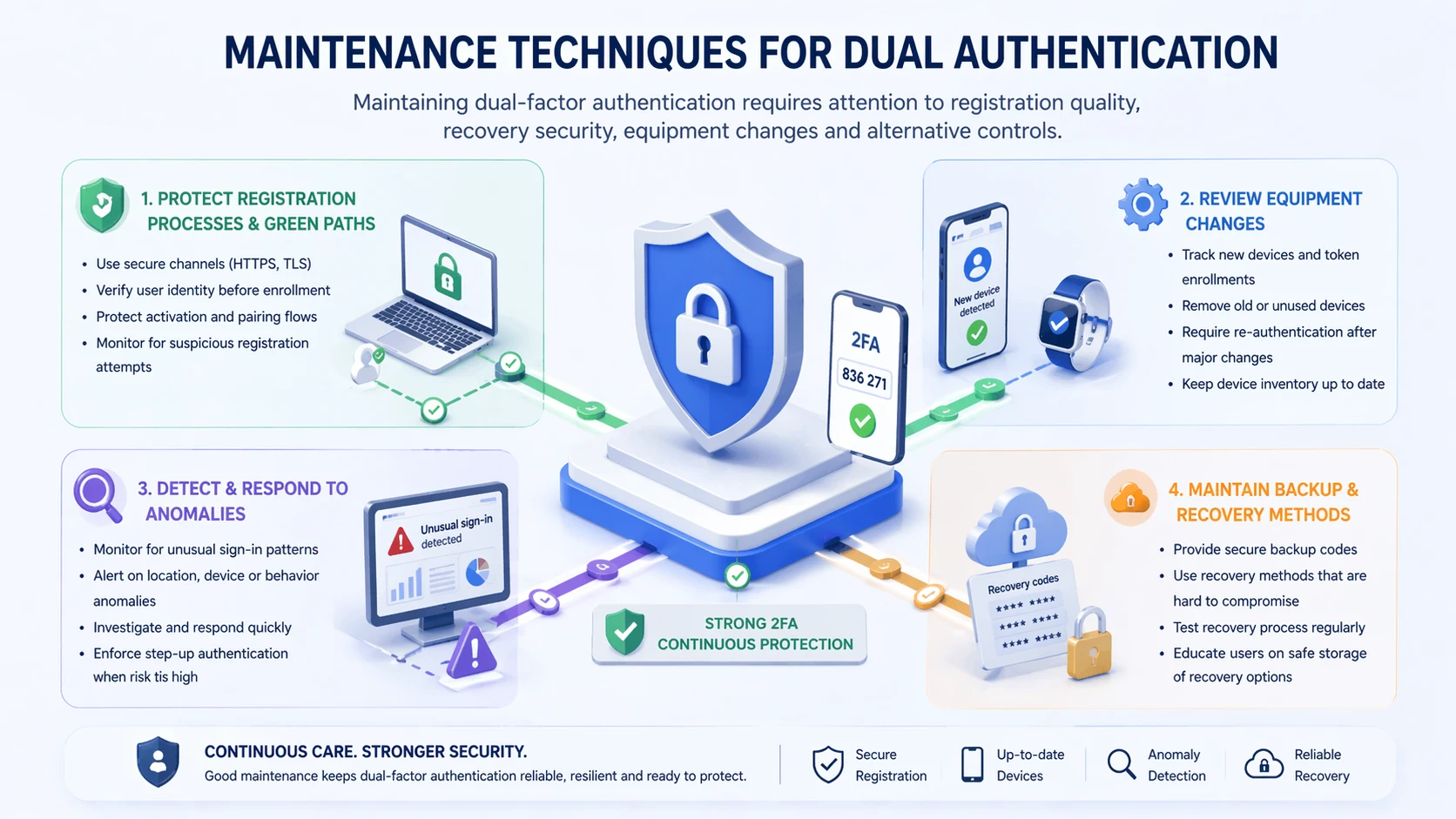 Процесс обслуживания двухфакторной аутентификации: регистрация, восстановление доступа, доверенные устройства и ревизия политик