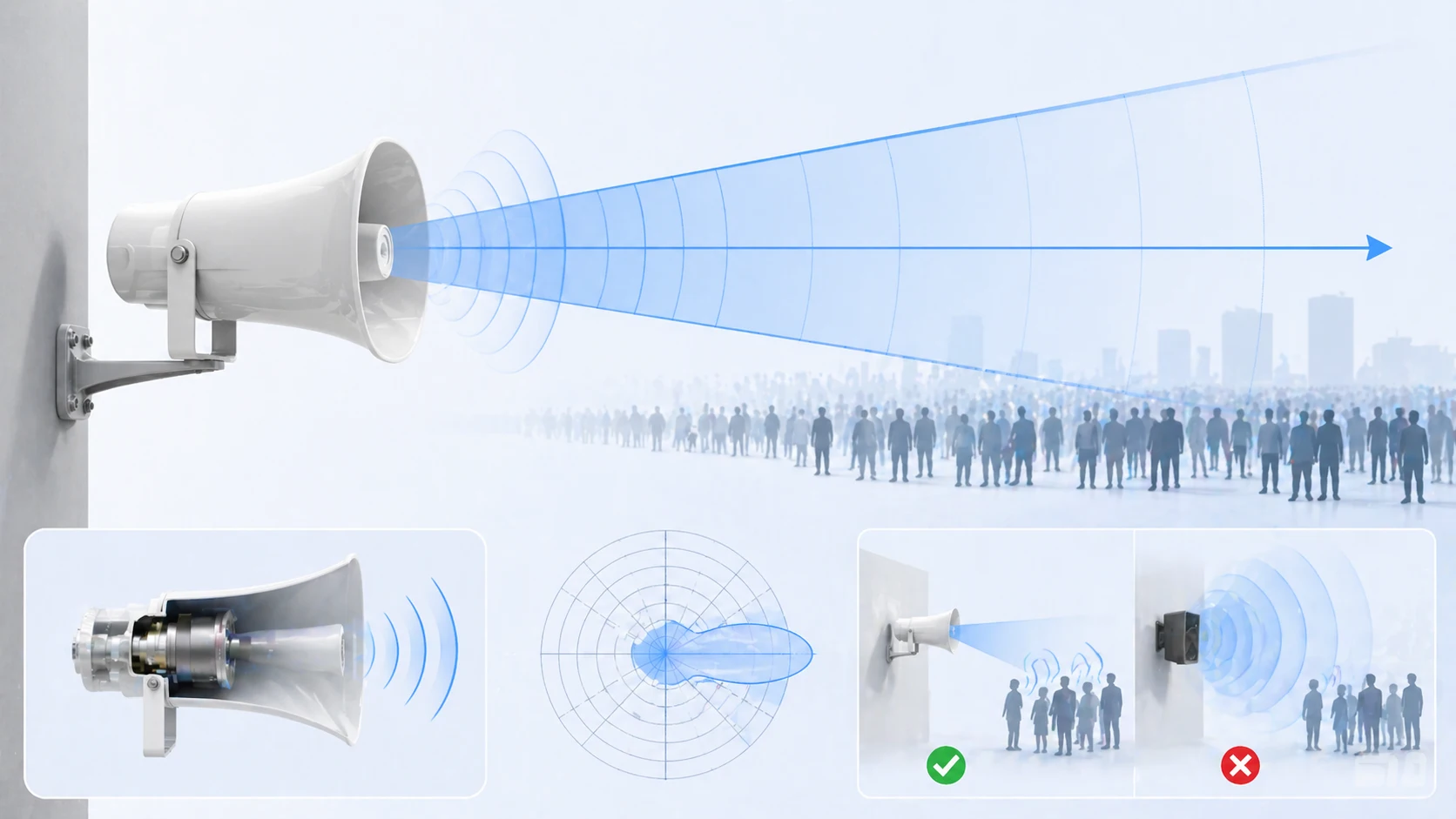 Рупорный громкоговоритель демонстрирует направленное звуковое поле и высокоэффективное голосовое озвучивание на улице