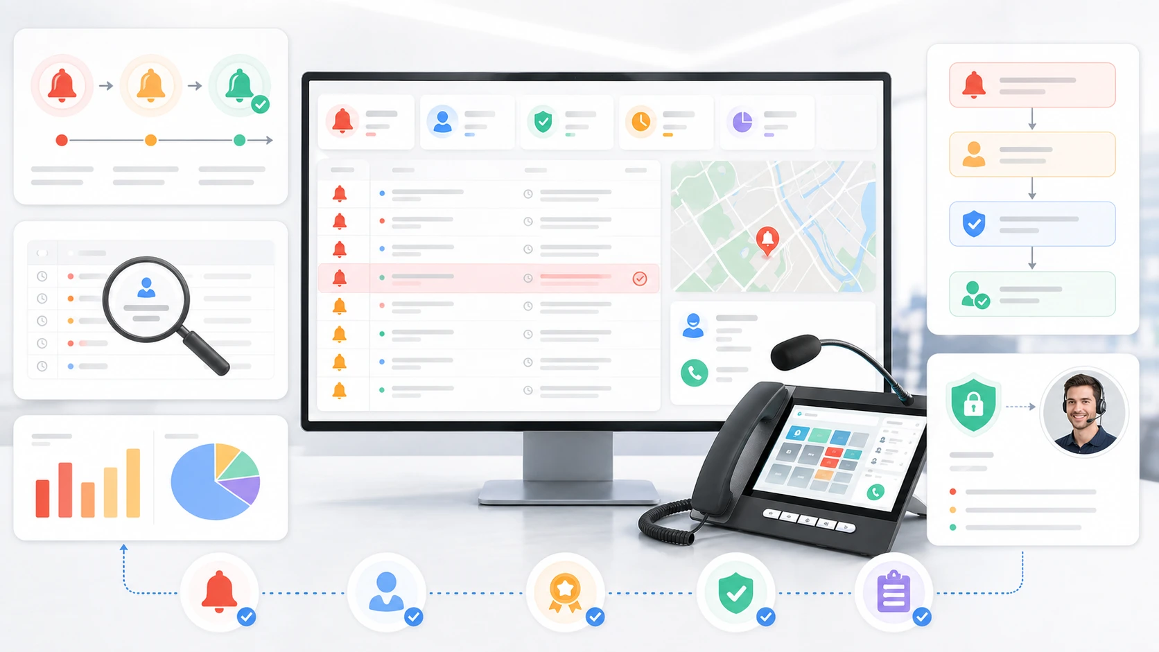 Функции подтверждения тревог: видимые состояния тревоги, отслеживаемость оператора и инструменты рабочего процесса
