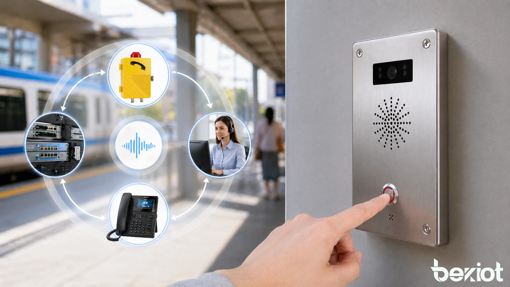 Промышленный или общественный коммуникационный терминал с заметной кнопкой вызова, четким указанием идентичности и связью с диспетчерской