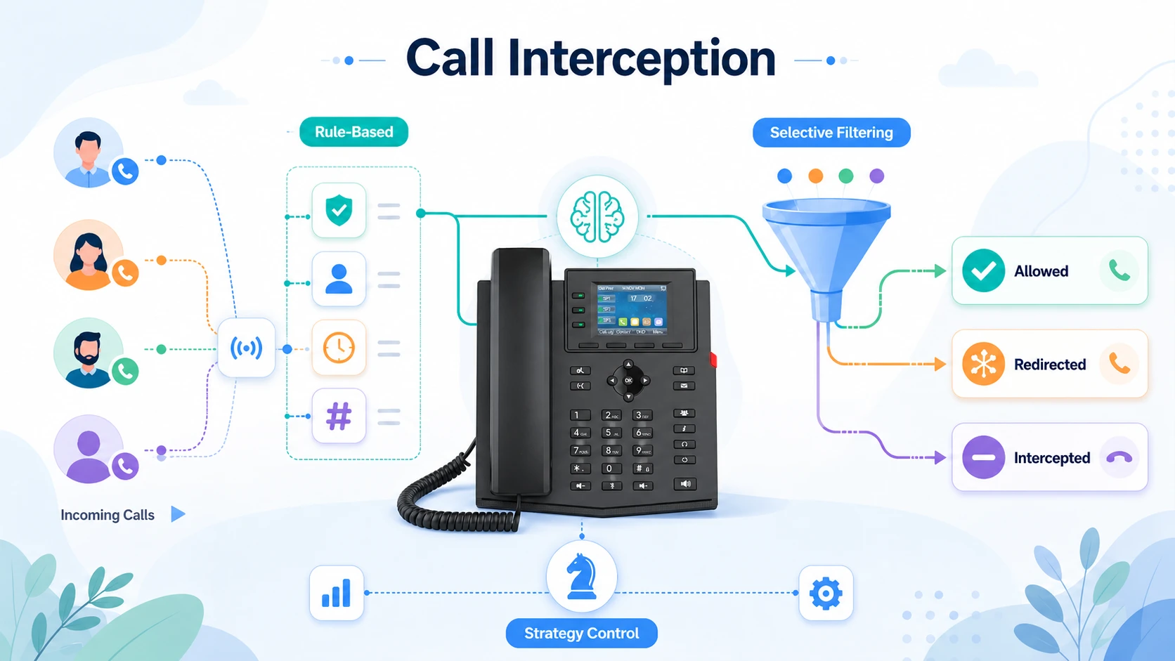 Характеристики блокировки вызовов, показанные через политики правил, избирательную фильтрацию номеров и логику контроля телефонного доступа